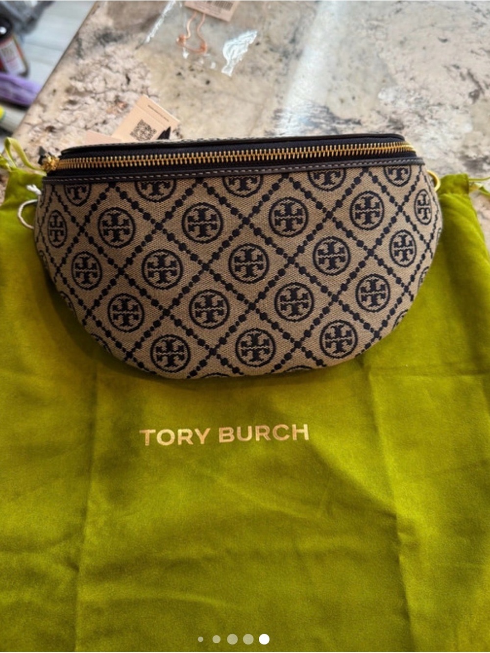 Tory Burch Beige Canvas Monogram Belt Bag with Black Logo